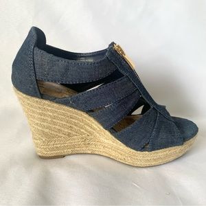 Denim and Woven Burlap Wedge Heels- 4 inches  Women's Size 6.5